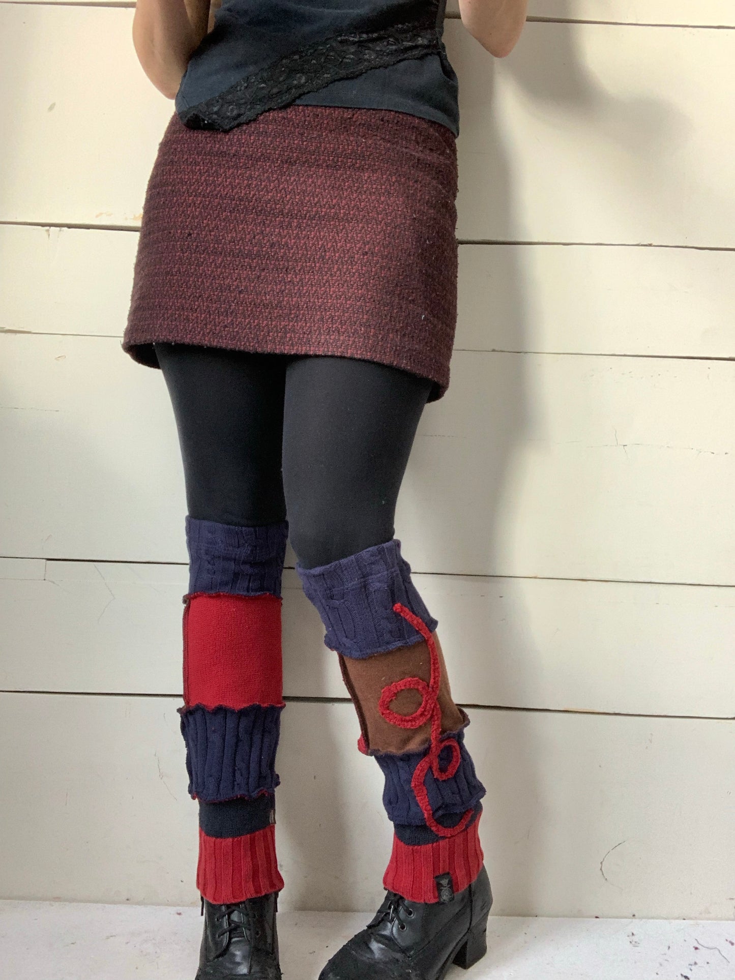 Blue, red and brown short leg warmers