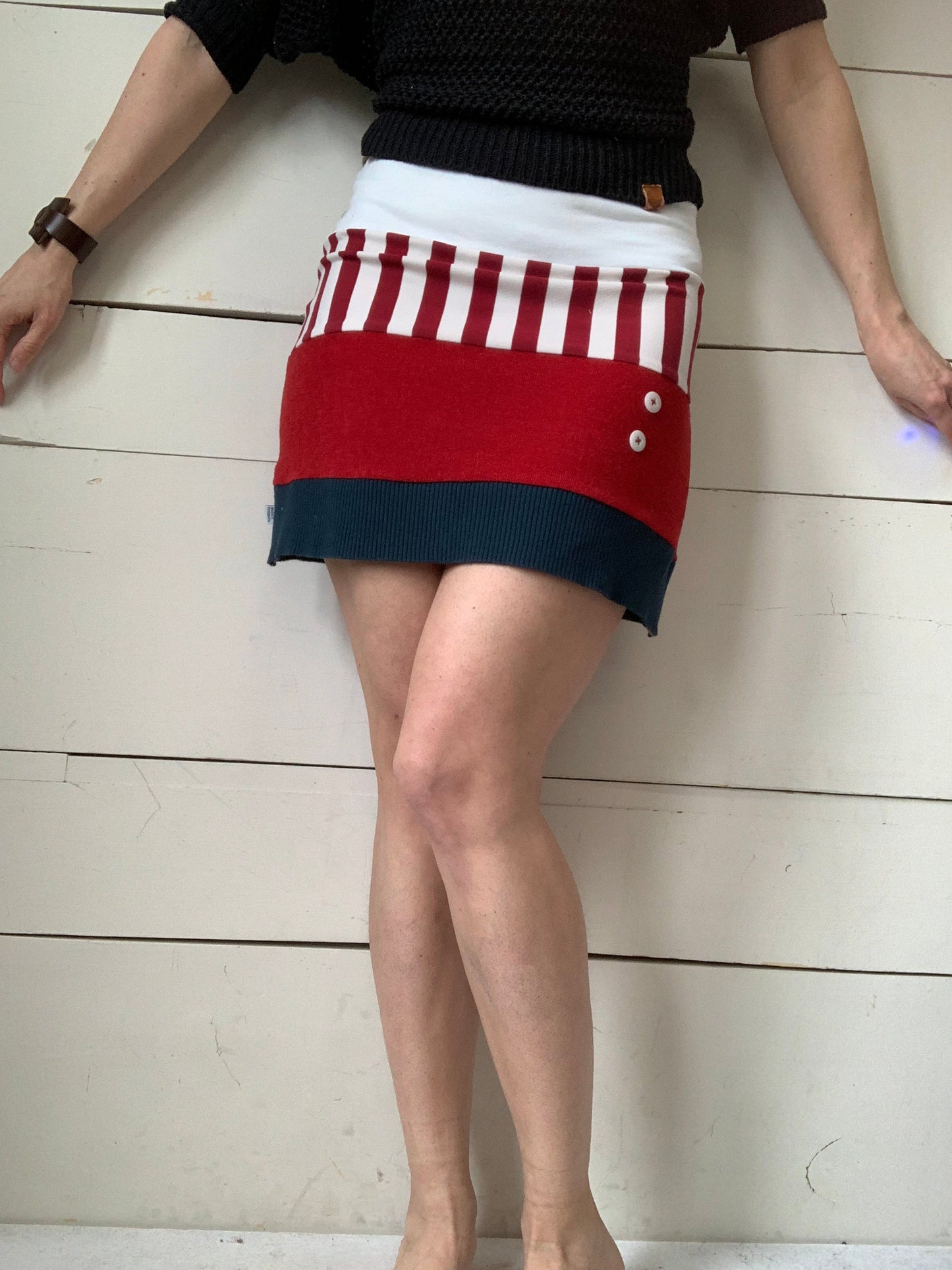RED SKIRT, STRIPED WITH WHITE BUTTONS (M)