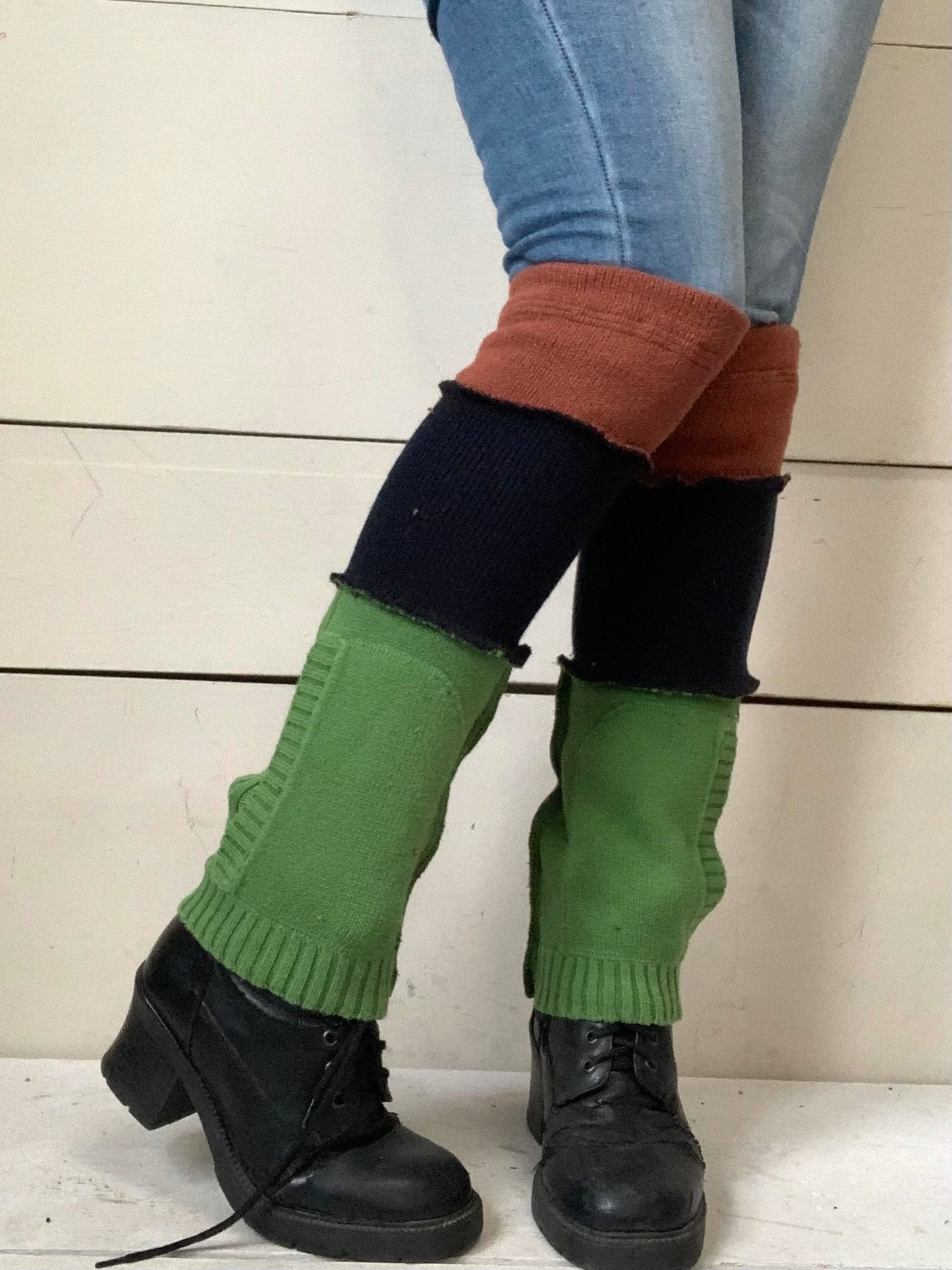 Lime, orange, navy short leg warmers and pockets