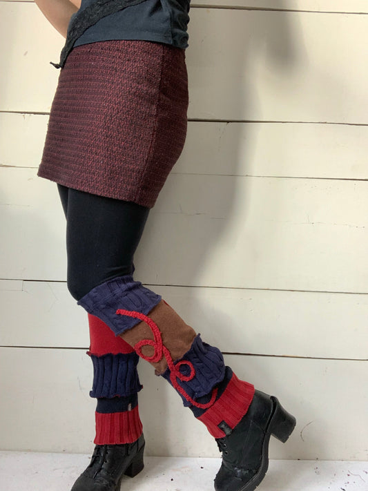 Blue, red and brown short leg warmers